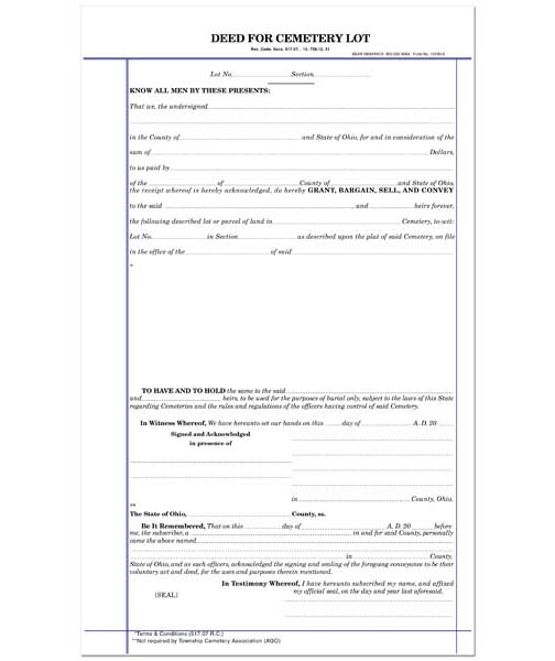 Cemetery Deed Lot Record Book Sheets